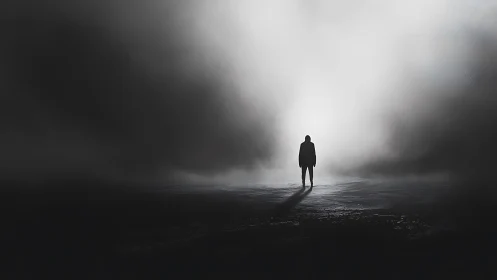 Solitary human figure standing in foggy monochrome light.