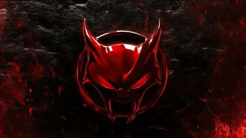 Demonic red chrome emblem glows against molten darkness.