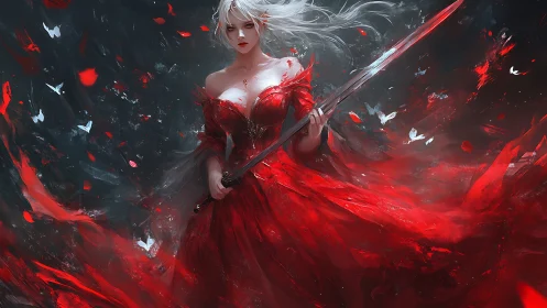 Crimson-clad swordmistress amid turbulent chromatic vortex.