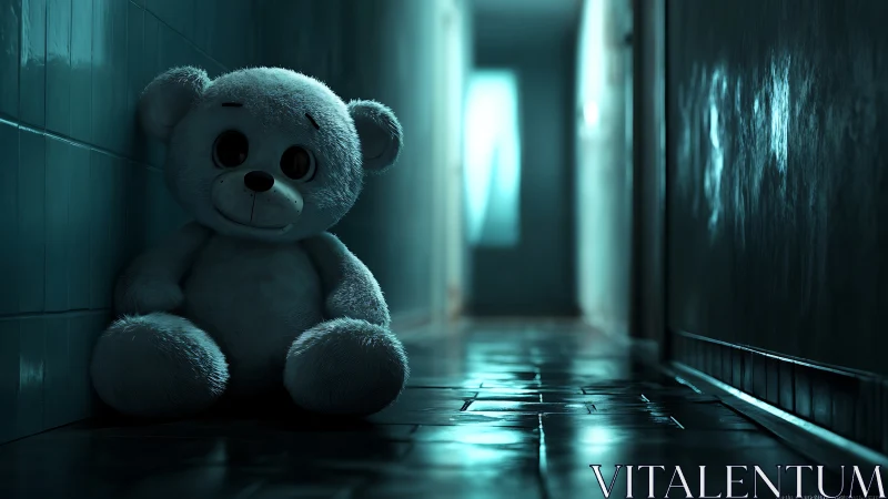 Stuffed bear sits alone in dim, reflective corridor