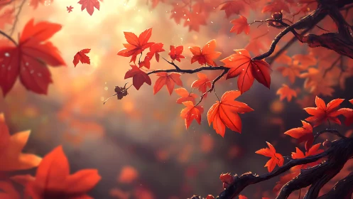 Autumn maple canopy with glowing bokeh and warm backlighting.