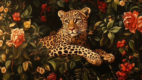 Leopard Resting Among Flowering Botanical Background.