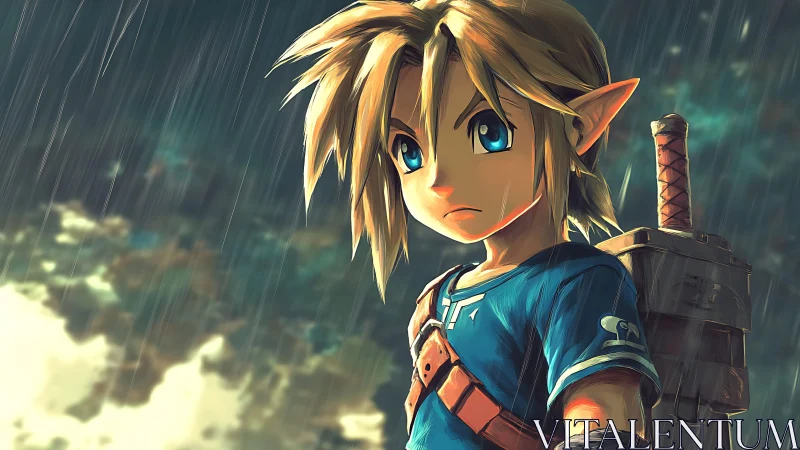 Young stormlit adventurer standing brave in the rain.