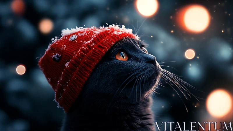 Feline Portrait: Red Knit Beanie Against Winter Bokeh.