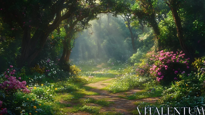 Enchanted forest pathway with flowering gardens and canopy light.