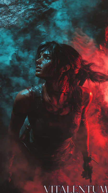 Battle-scarred explorer rises through crimson stormlight.