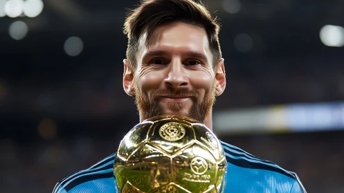 Football player holding golden trophy under stadium lights