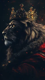 Regal black lion king with ornate golden crown at dusk.