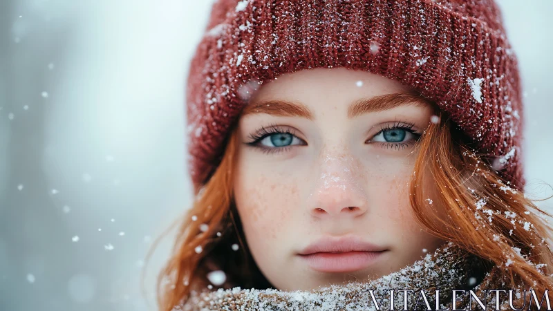 Winter portrait of freckled redhead in falling snowstorm.