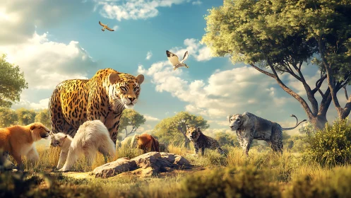 Leopard presides over diverse wildlife gathering in golden savanna.