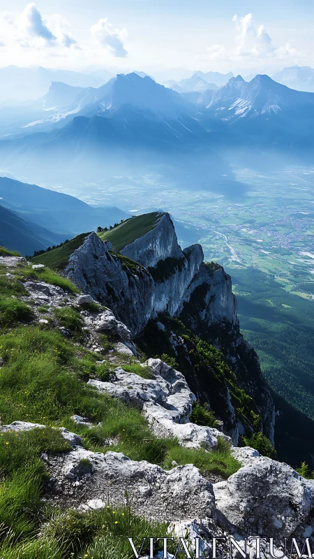 High alpine escarpment with atmospheric perspective stratification.