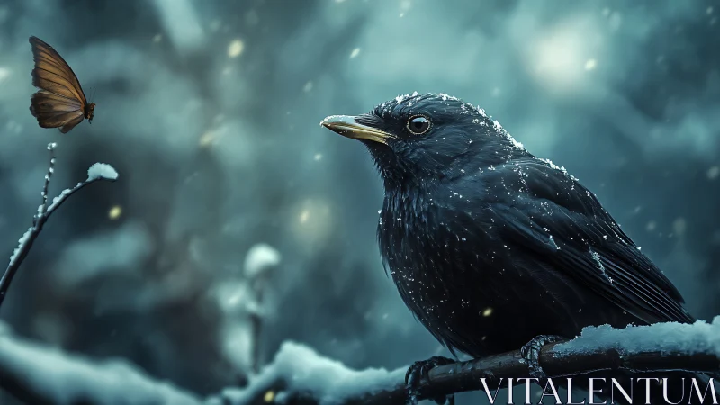 Blackbird and Butterfly on Snowy Branch, Dreamy Winter Scene.