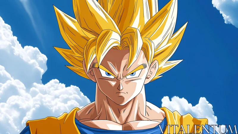 Golden haired anime warrior under bright summer sky.