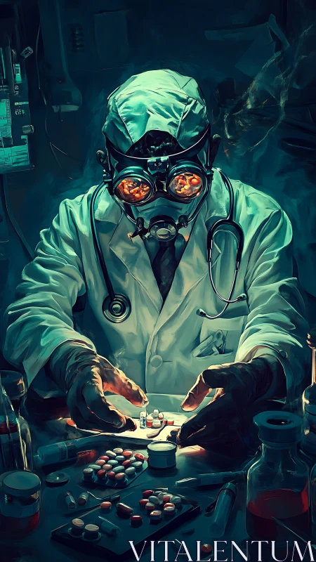 Mad scientist orchestrates glowing pills in toxic midnight lab