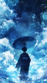 Silhouetted figure stands in blue water under umbrella sky