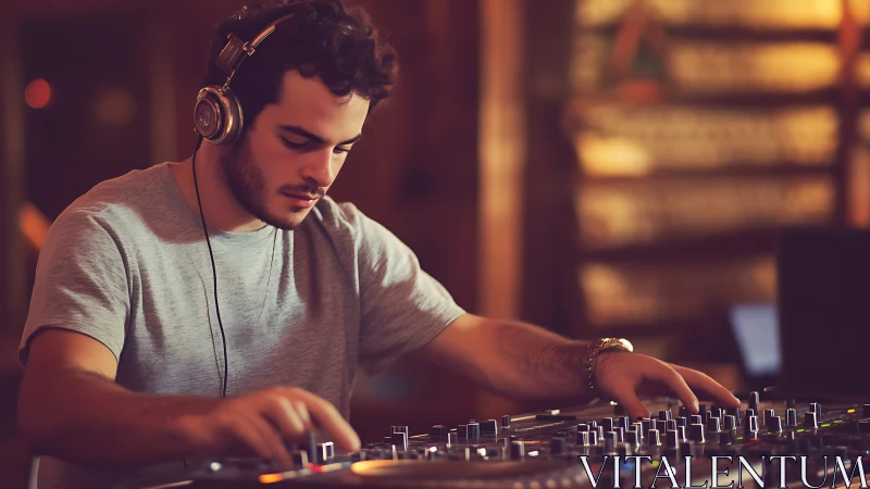 Warm-hued nightclub DJ sculpting sound on glowing decks.