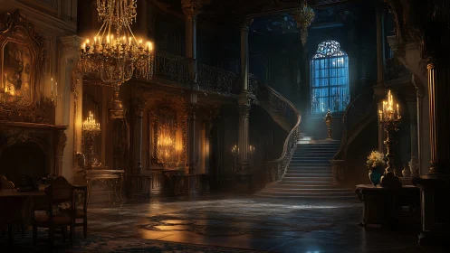 Gilded baroque grand hall with sweeping twin staircase.