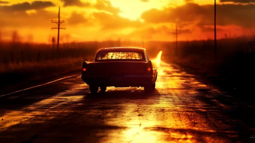 Sunset highway cruise with lone vintage car in silhouette.