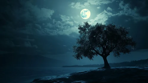 Lone shoreline tree under luminous full moonlit sky.