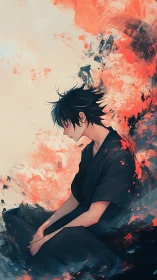 Solitary anime figure absorbs turbulent red-black energy field