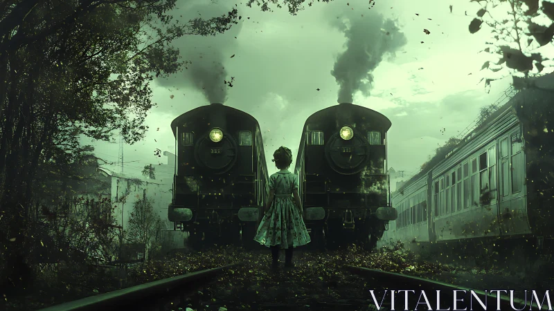 Child standing before two steam locomotives at dusk.