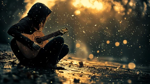 Rainy street guitarist wrapped in golden evening light.