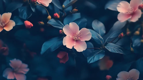 Blush Blossoms Against Deep Teal Garden.