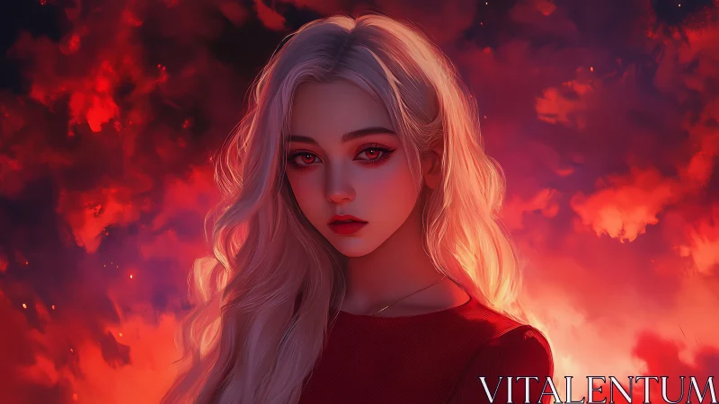 Luminous blonde portrait against saturated red firelit clouds