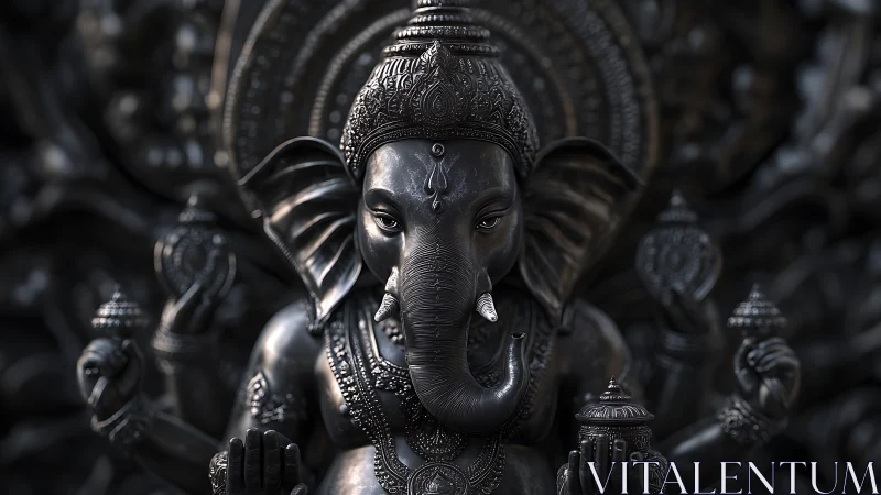 Detailed metallic Ganesha statue shows intricate sculpted forms