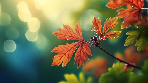 Glowing autumn maple leaves against dreamy bokeh light.
