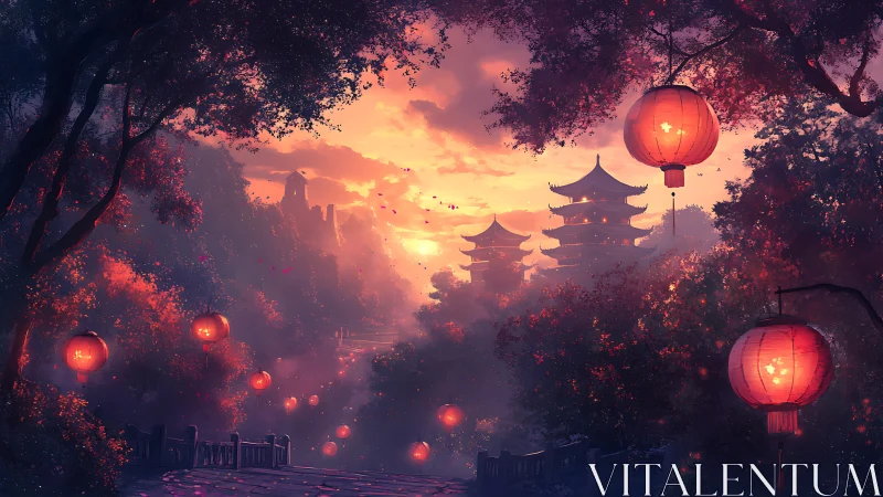 Lantern lit forest path leading to distant pagoda temples.