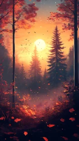 Autumnal Forest Sunset: Digital Rendering with Volumetric Light and Particle Dynamics