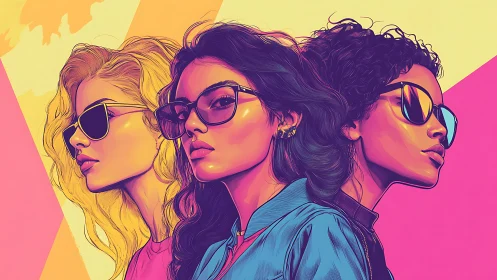 Trio of Stylish Women in Sunglasses, Vibrant Pop Art Portrait.