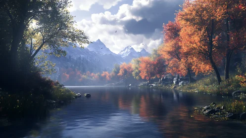 Calm mountain lake bordered by vivid autumn forest.