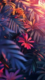 Neon twilight petals glowing in a dreamlit jungle hush.