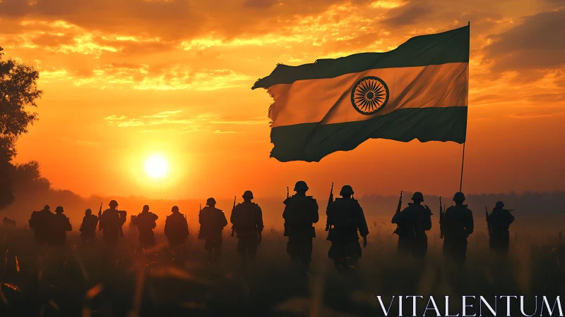 Indian soldiers march beneath vast flag at fiery sunset.