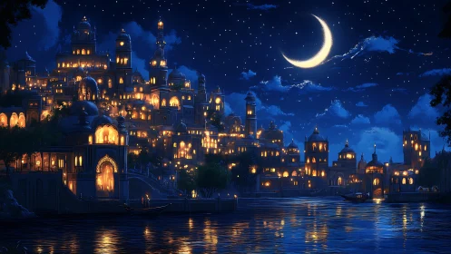 Luminous riverside city beneath a crescent moonlit sky.
