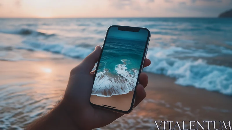 Phone window to a dreamy shoreline at sunset glow.