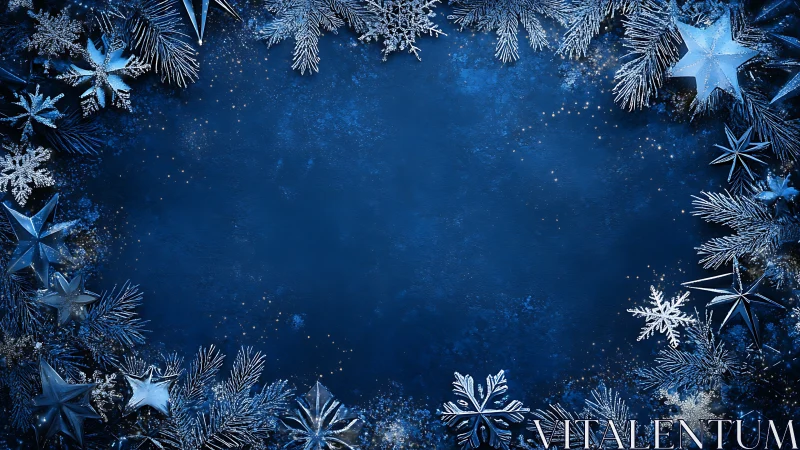 Metallic blue winter frame encloses empty textured background