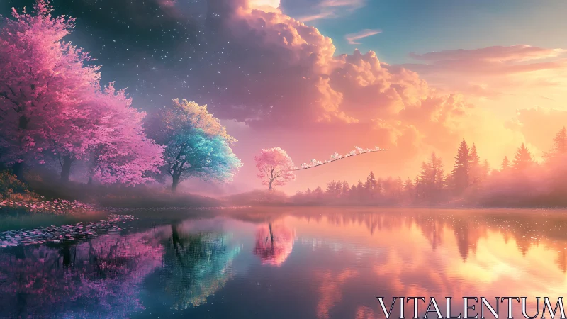 Twilight blossoms hum softly above a mirrorbright dreamlake