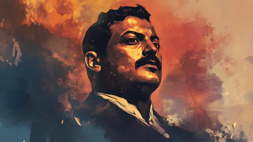 Digital portrait of mustached man with warm abstract background.