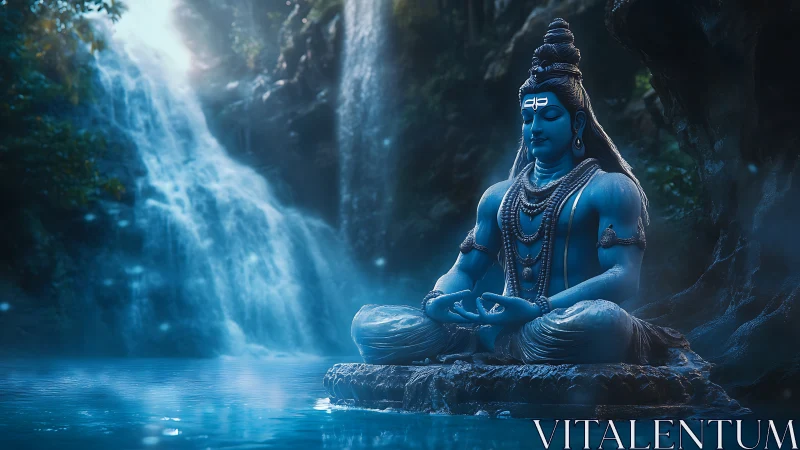 Tranquil blue meditation by a misty forest waterfall.