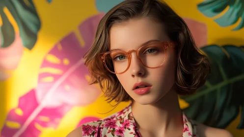 Soft retro portrait against bold tropical leaf backdrop.