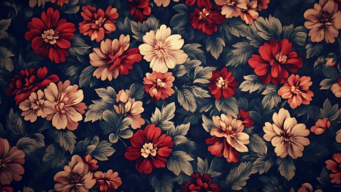 Vintage Floral Pattern: Red, Peach, Cream Blooms on Dark Background.