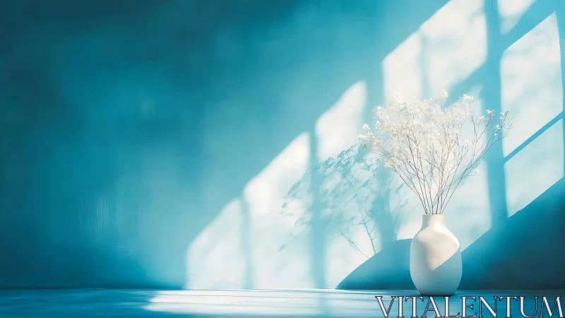 Minimalist white vase in sunlit blue interior shadows.