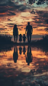 Family silhouettes walking by reflective sunset water.