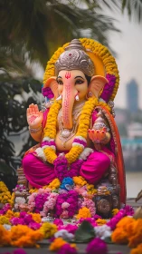 Vibrant Ganesh idol in seated posture with floral garlands