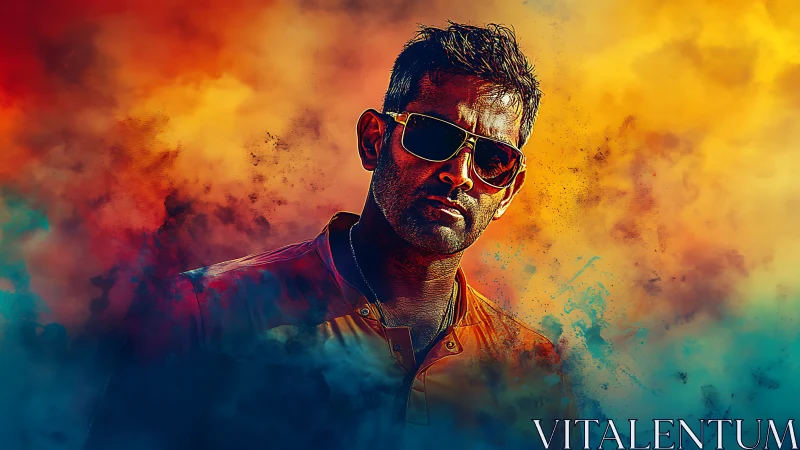 Cool confidence in swirling sunset and electric smoke.