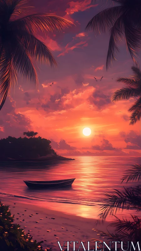 Tropical shoreline sunset with crimson sky reflections.