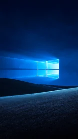 Luminous window logo over minimal blue digital landscape.